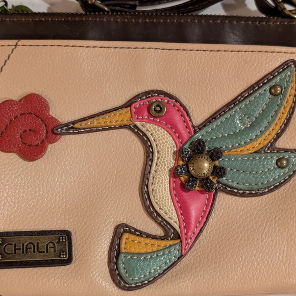 Chala Tan Crossbody Bag with Colorful Bird Design - Picture 2 of 3